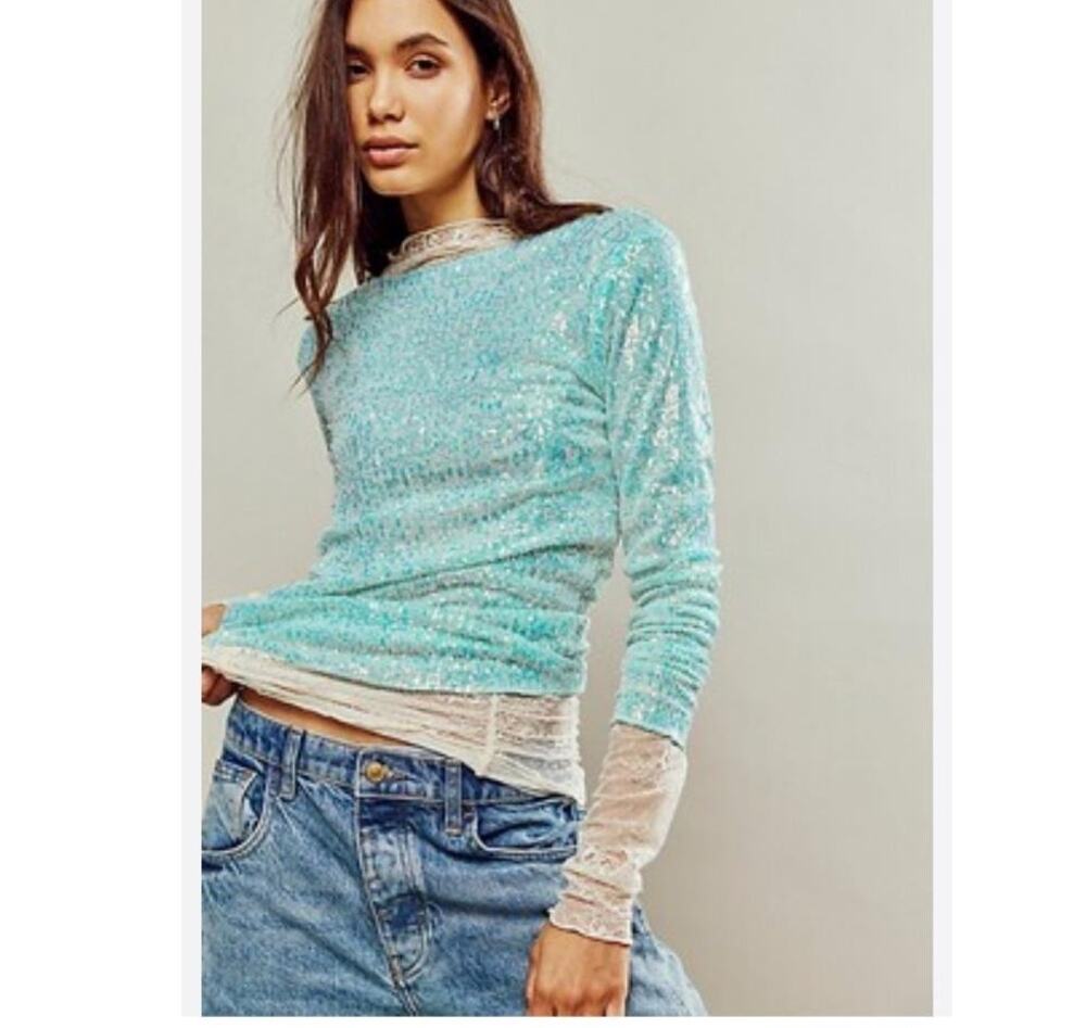 Free People Blue Rush Long Sleeve Top Size Small Sequins Party Semi Sheer